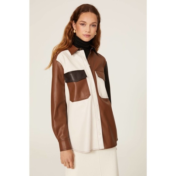 SFIZIO Faux Leather Patchwork Shacket  Brown and White Women's Size M - Picture 1 of 11